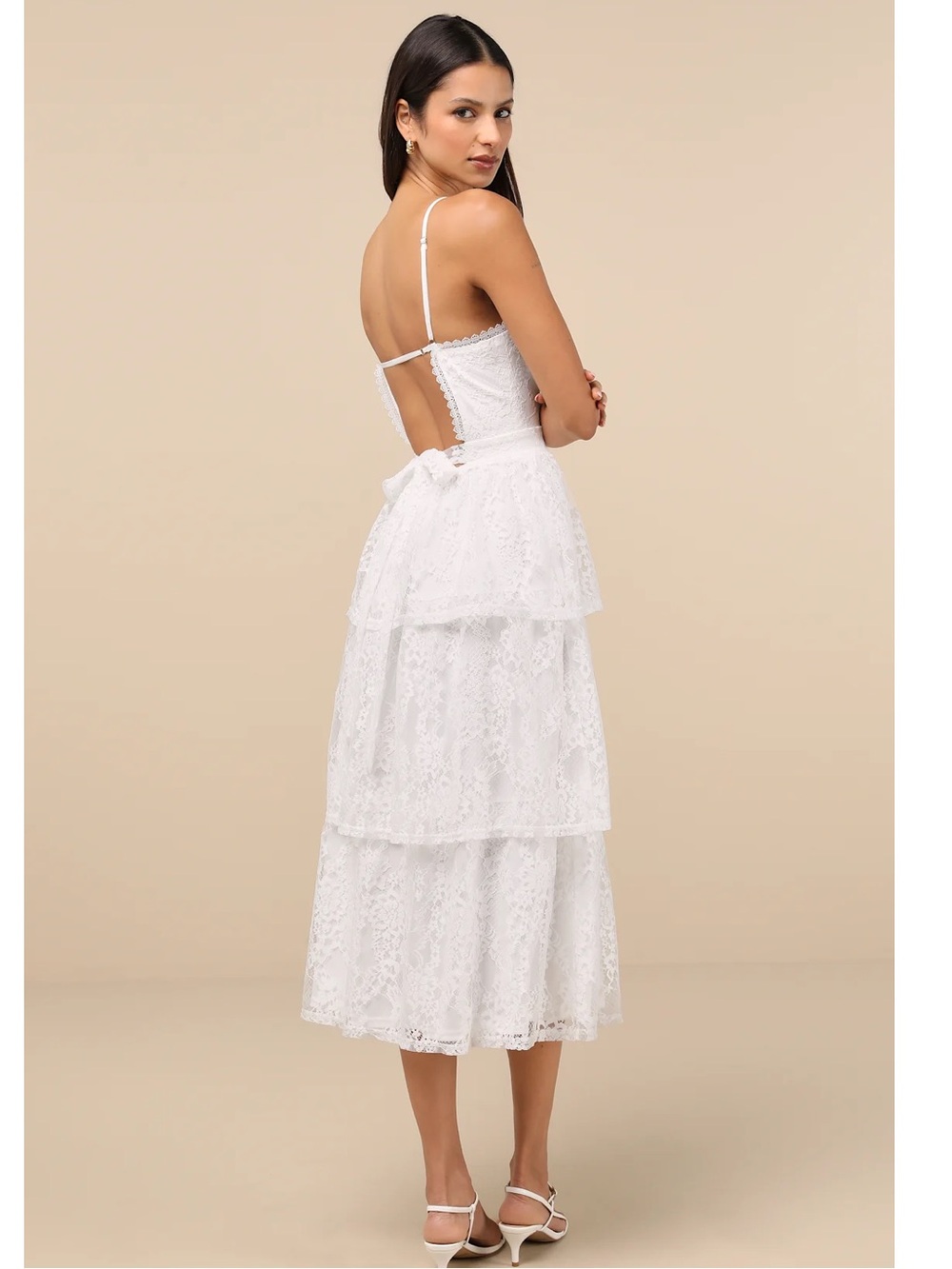 Lulus Estrid White Lace Tiered Tie-Back Open-Back Midi Dress Bride Event
